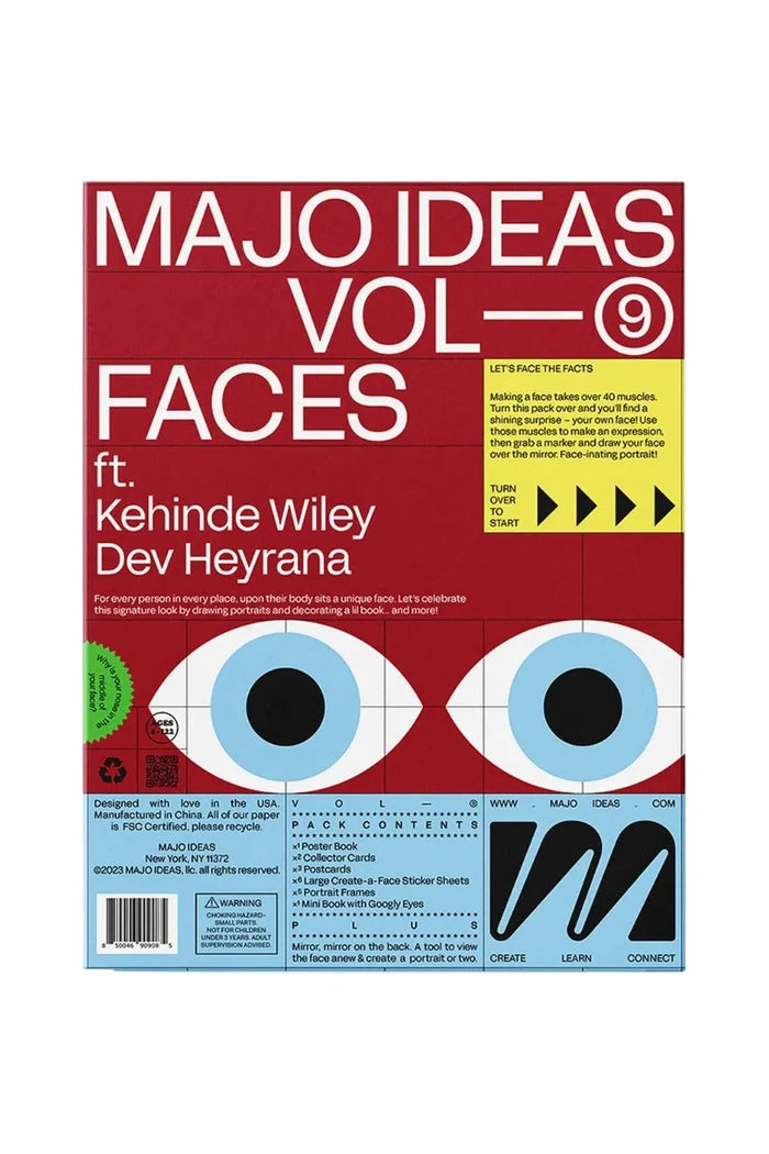 Book cover with text 'MAJO IDEAS VOL. 1 FACES' featuring eyes and a red background.