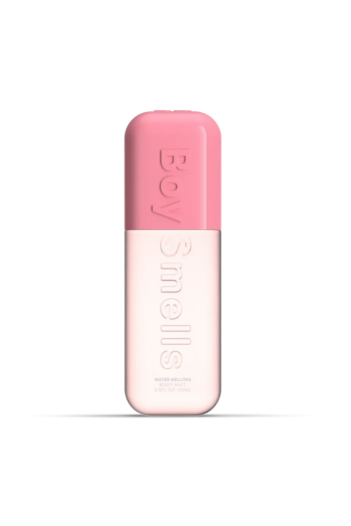 A Boy Smells diffuser bottle with a pink cap and a pale pink body, centered on a white background.