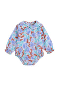 A baby long-sleeve bodysuit with a watercolor floral print in light blue, lavender, and terracotta, featuring a Peter Pan collar and elastic cuffs, shown on a plain light gray background.