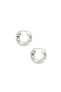 A pair of silver, wavy chunky hoop earrings on a white background.