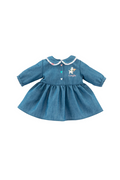 A blue denim doll dress with long sleeves, a Peter Pan collar trimmed with white lace, and a small embroidered unicorn on the chest, shown on a plain white background.