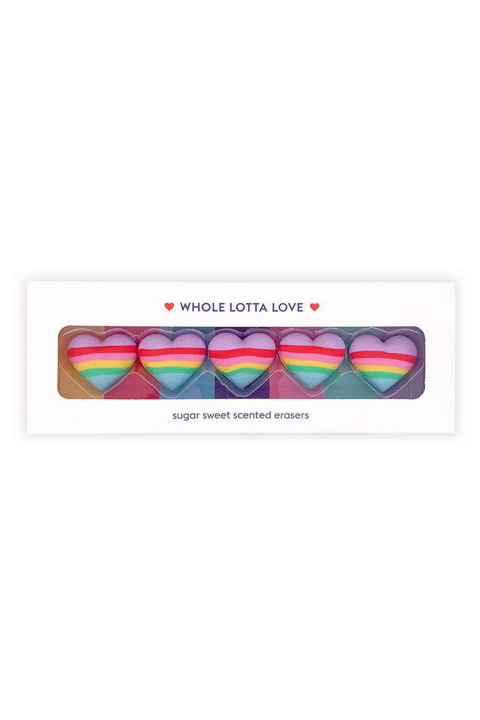 Pack of rainbow heart-shaped erasers with 'Whole Lotta Love' text on a white background