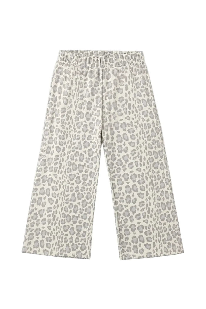 A pair of wide-leg trousers featuring a gray leopard print pattern on a light beige background, displayed flat against a solid white background.