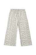 A pair of wide-leg trousers featuring a gray leopard print pattern on a light beige background, displayed flat against a solid white background.