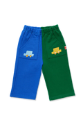 A pair of children's sweat pants, Each leg features a large patch pocket with a small embroidered truck motif.