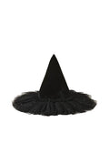 Black witch hat with a fluffy base on a beige background