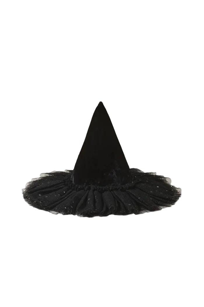 Black witch hat with a fluffy base on a beige background