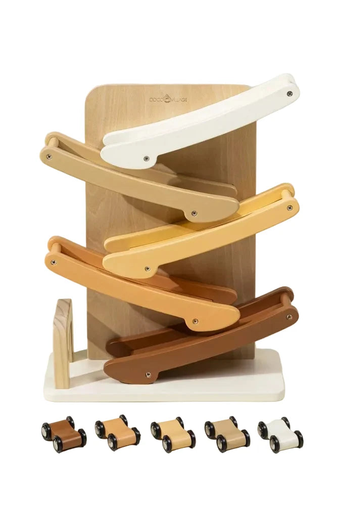 Wooden toy car tack tower on white background