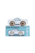 A white wooden toy car with brown wheels displayed on top of its light blue packaging box labeled 'GT95 MAVERICK Limited Edition'.