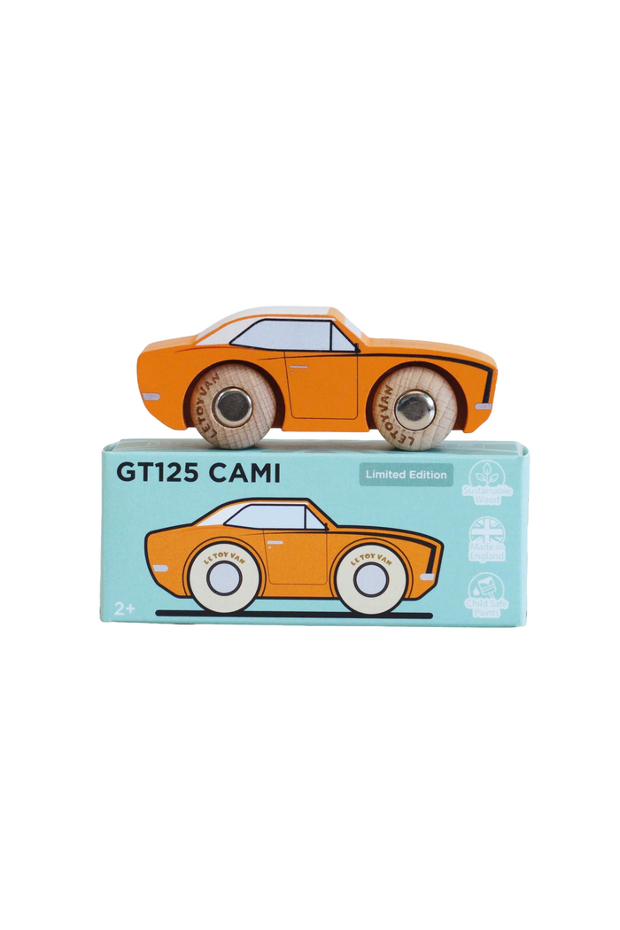 An orange wooden toy car with a white roof, displayed on top of its light blue packaging box labeled 'GT125 CAMI'.