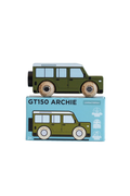 A wooden toy car named GT150 Archie, styled like a green Land Rover, displayed on top of its light blue illustrated packaging box against a plain white background.
