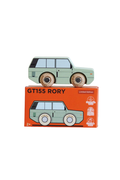 A mint green wooden toy car with brown wheels sits on top of its orange retail box labeled 'GT155 RORY' against a plain white background.