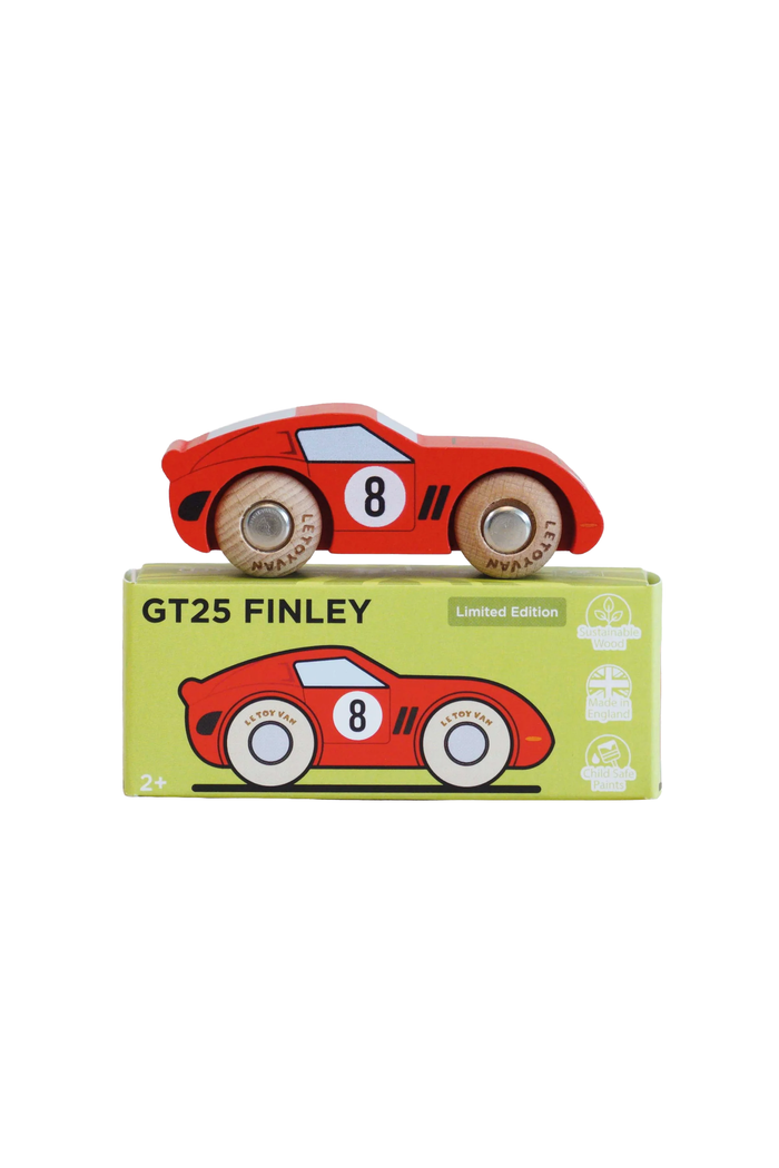 A red wooden toy race car with the number 8 sits on top of its light green packaging box, which is labeled 'GT25 FINLEY' and 'Limited Edition'.