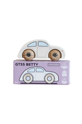 A wooden toy car shaped like a classic Volkswagen GT55 Beetle, shown resting on top of its lavender packaging box against a solid white background.