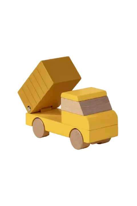 Wooden dump truck toy on white backgroun
