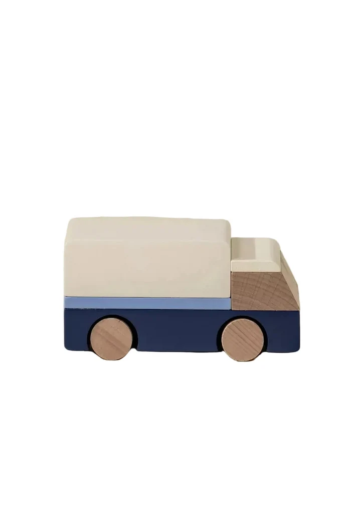 Wooden delivery truck toy on white background
