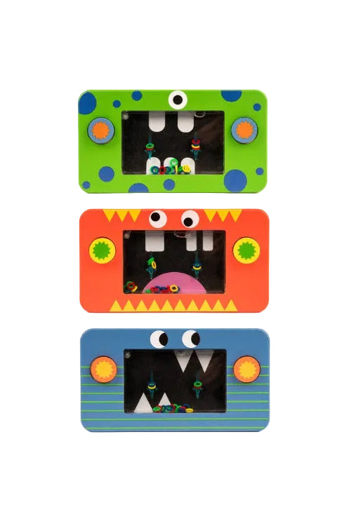 Three colorful toy screens with cartoonish designs on a white background