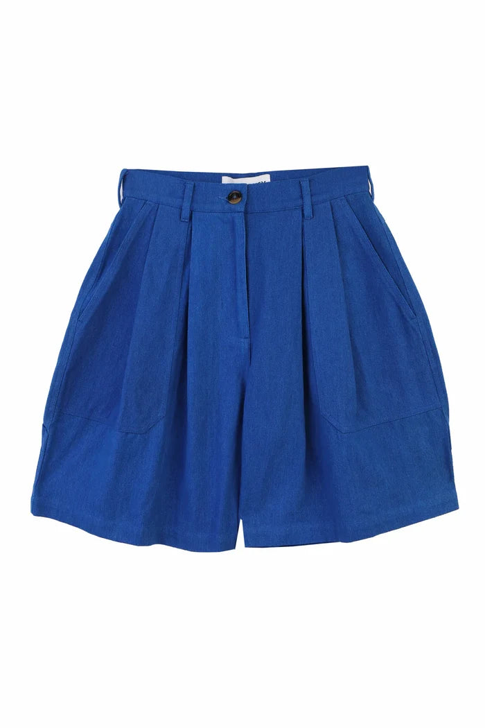 Blue pleated shorts on a white background