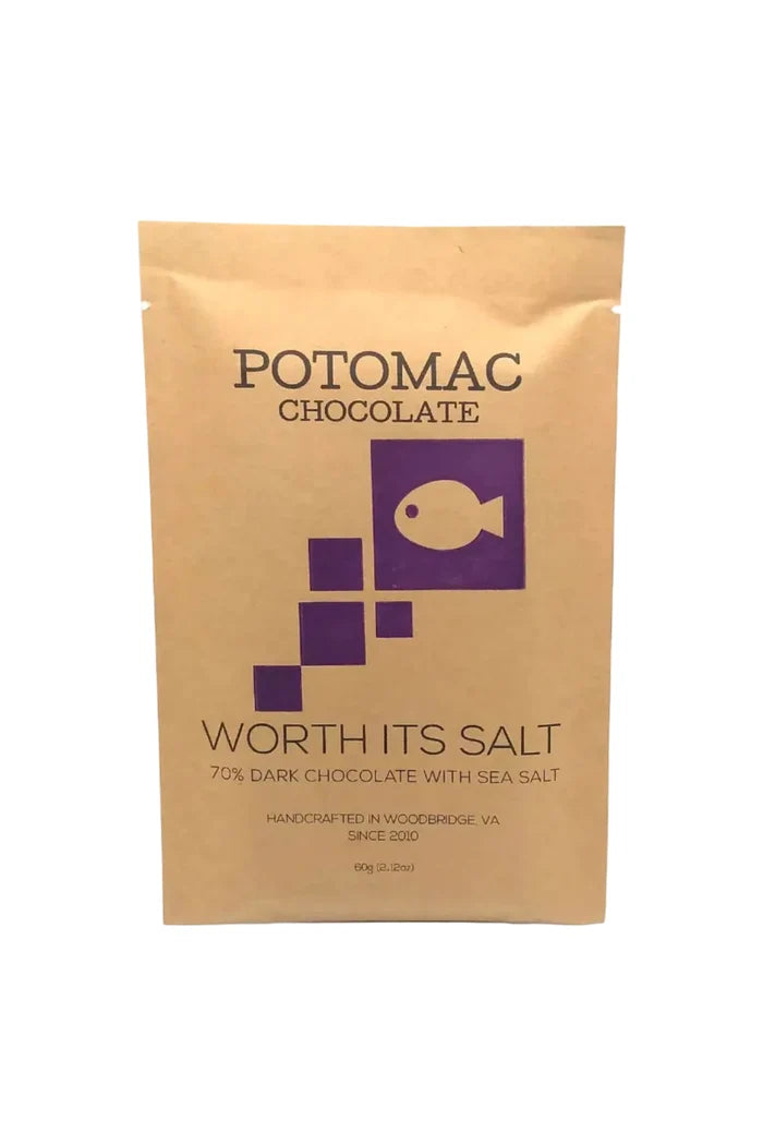 Potomac Chocolate packaging with brown and purple design on a white background