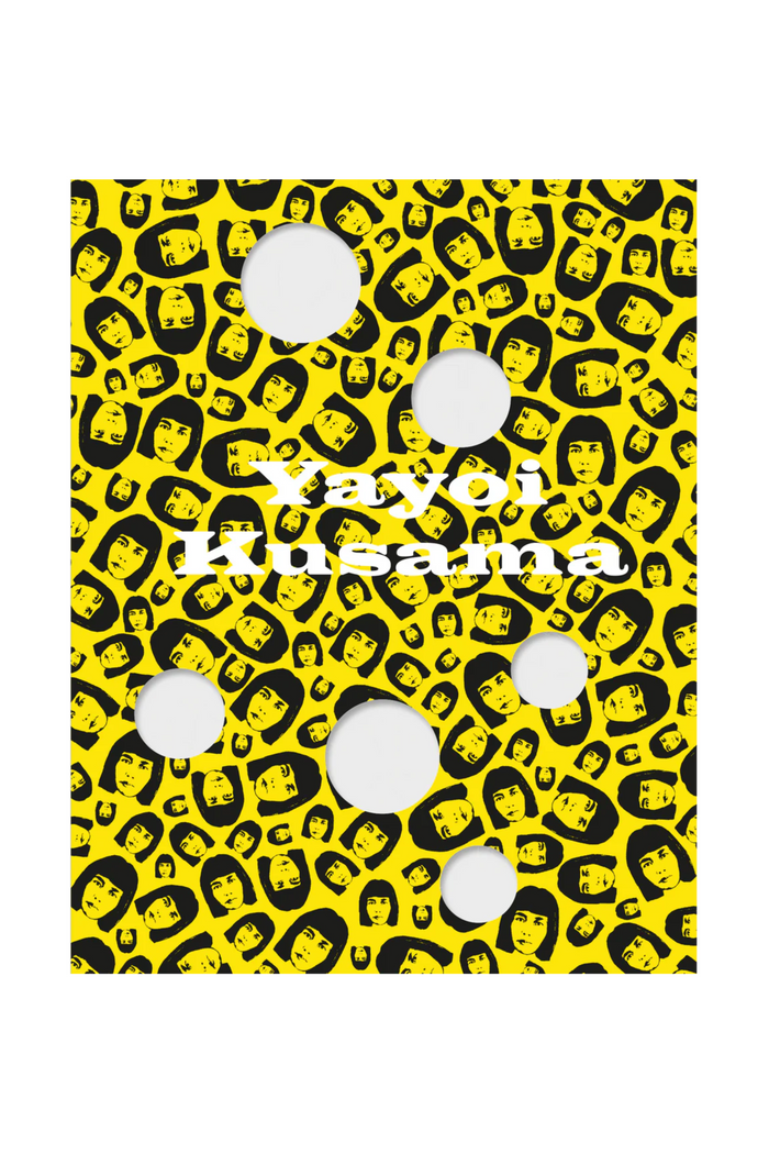 Book with face print and circle cut outs with "Yayoi Kusama" text on white background