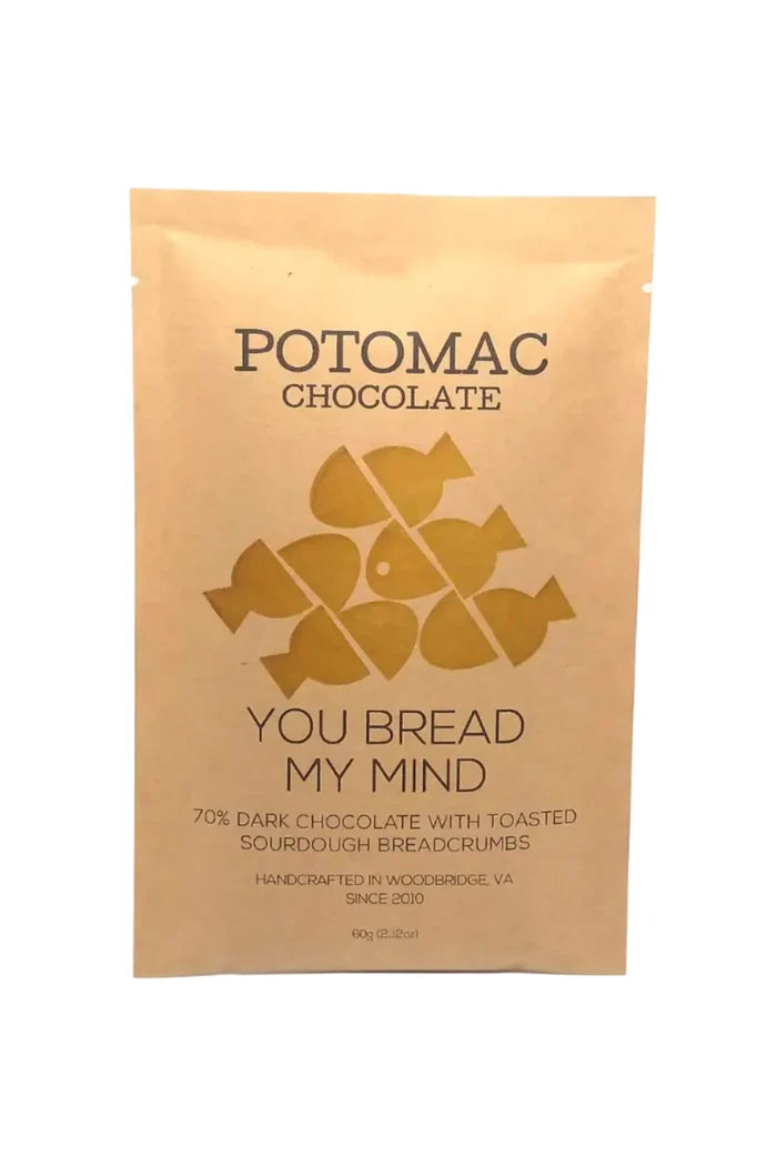 POTOMAC CHOCOLATE packaging with text and chocolate piece design on a white background