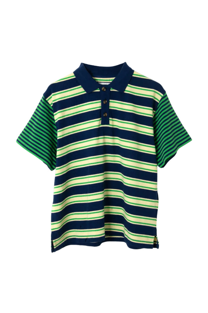 Navy and green striped polo shirt on a white background