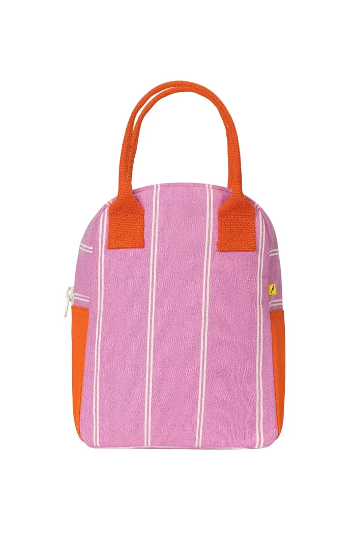 Pink stripy lunch bag with orange accents on white background