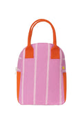 Pink stripy lunch bag with orange accents on white background