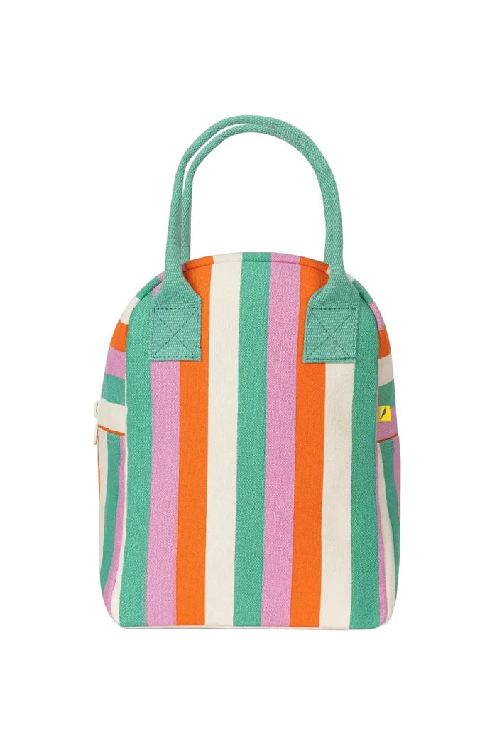 Stripy lunch bag on white background